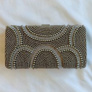 Vintage Silver Faux Pearl Hard Shell Clutch Bag